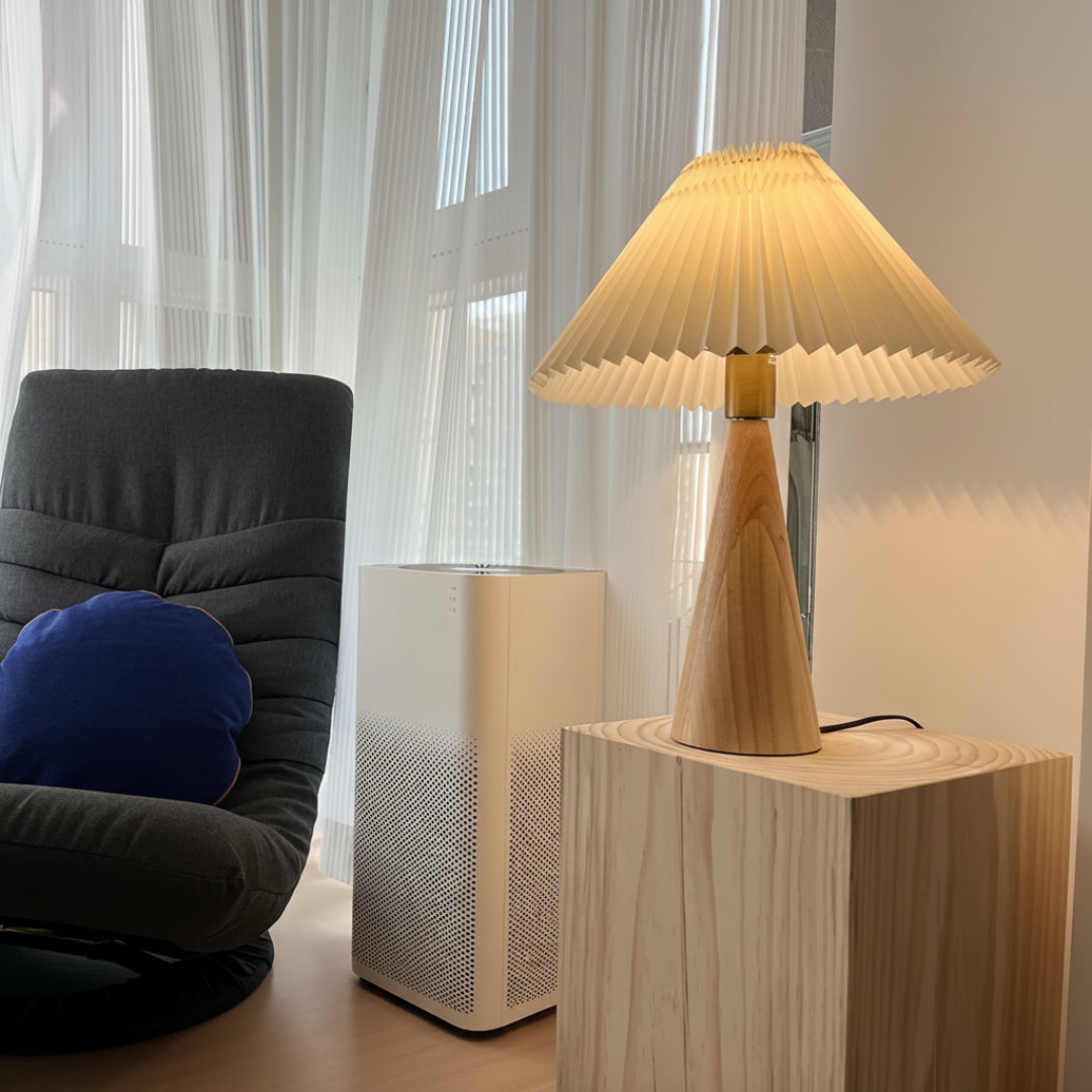 Pleated Table Lamp – Wooden Japanese Style