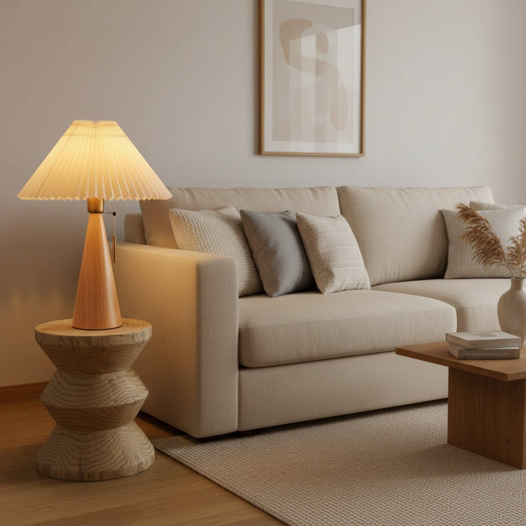 Pleated Table Lamp – Wooden Japanese Style