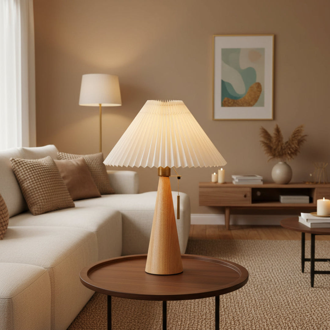 Pleated Table Lamp – Wooden Japanese Style