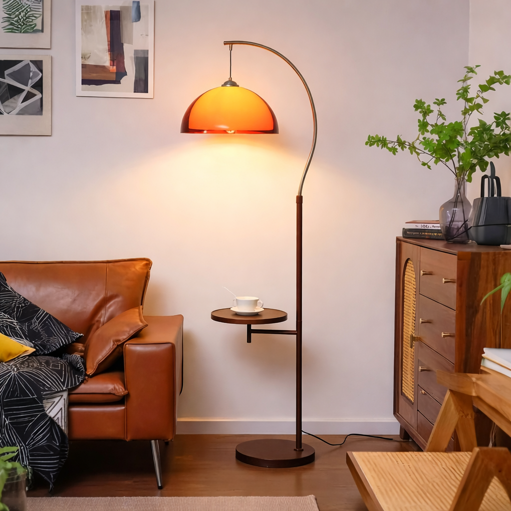 Double Shade Mushroom Arc Floor Lamp with Optional Table