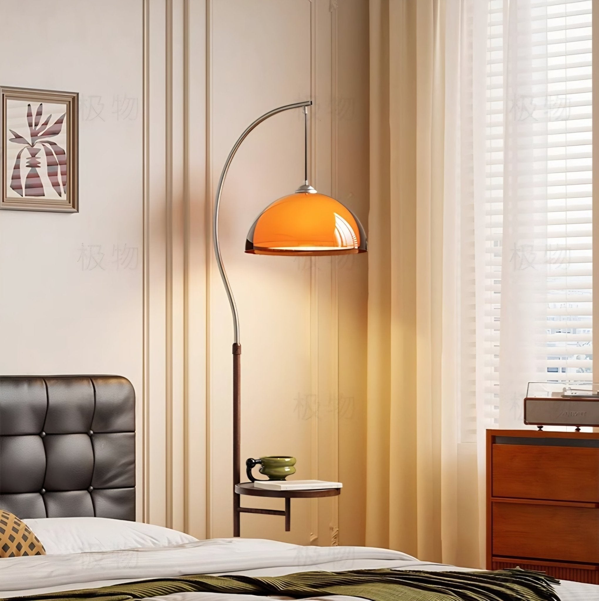 Double Shade Mushroom Arc Floor Lamp with Optional Table