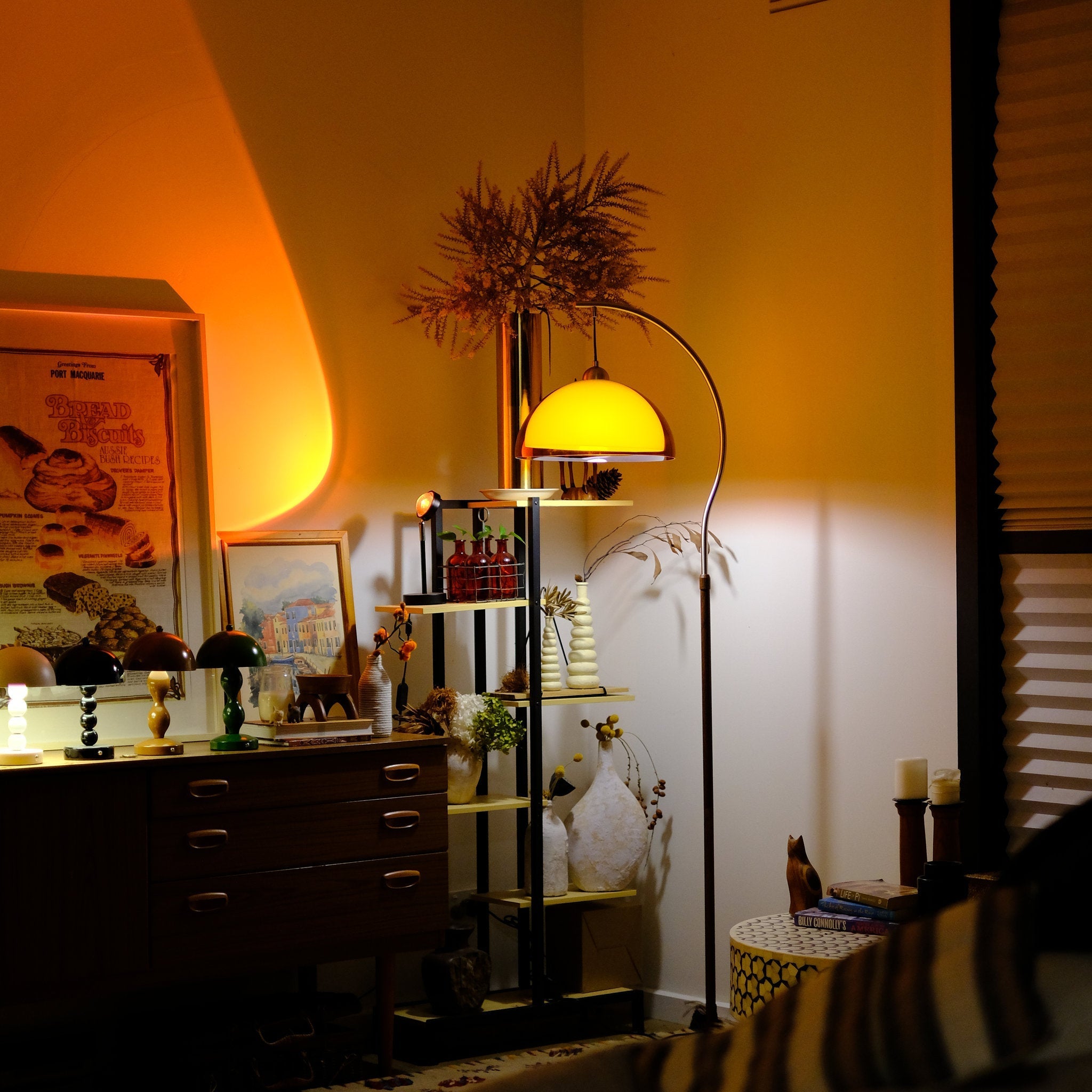 Double Shade Mushroom Arc Floor Lamp with Optional Table