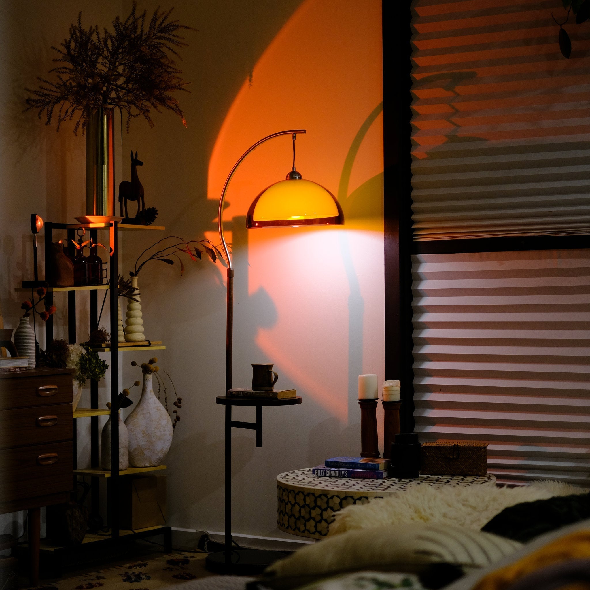 Double Shade Mushroom Arc Floor Lamp with Optional Table