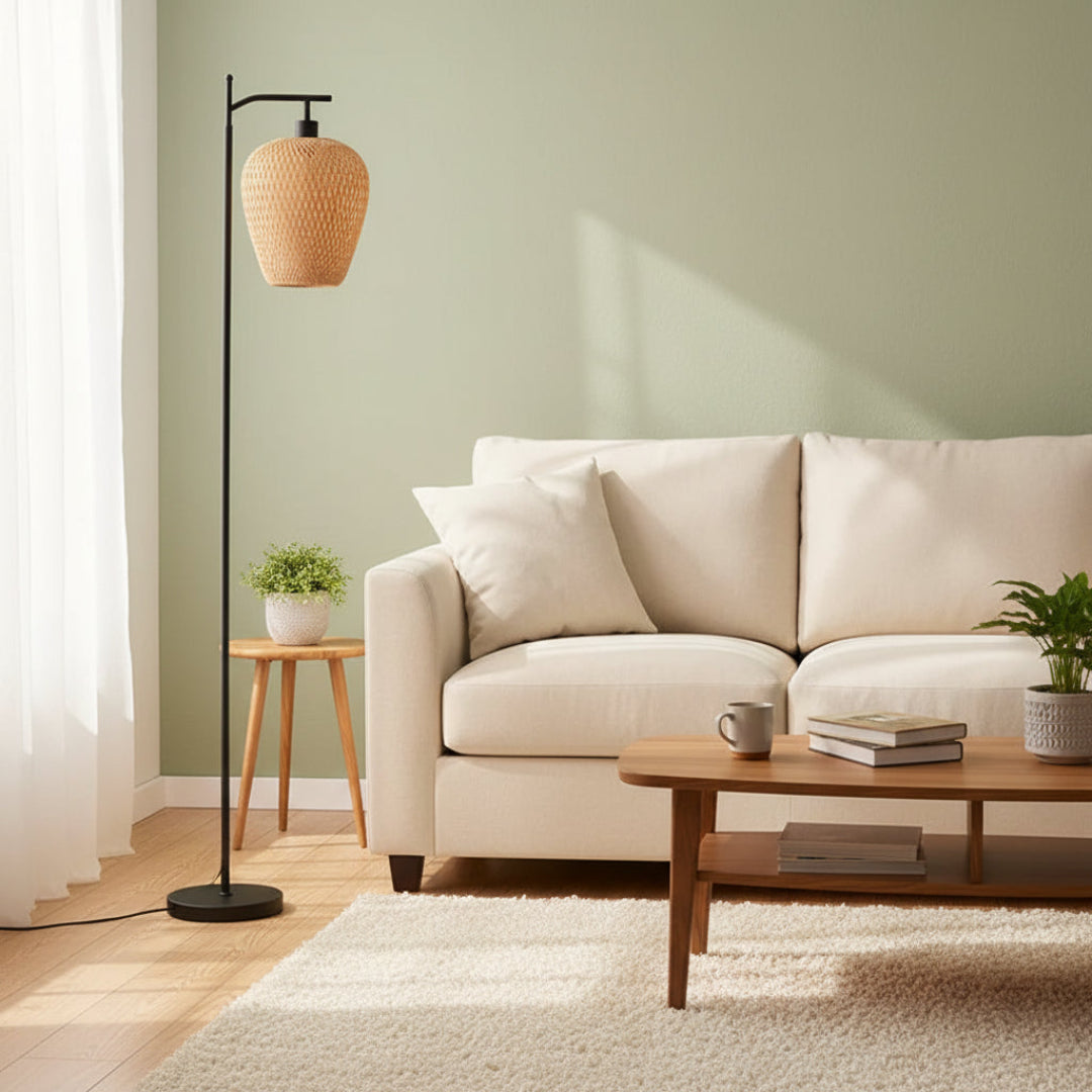 American Rattan Floor Lamp – Handmade Woven Standing Light for Living Room & Bedroom