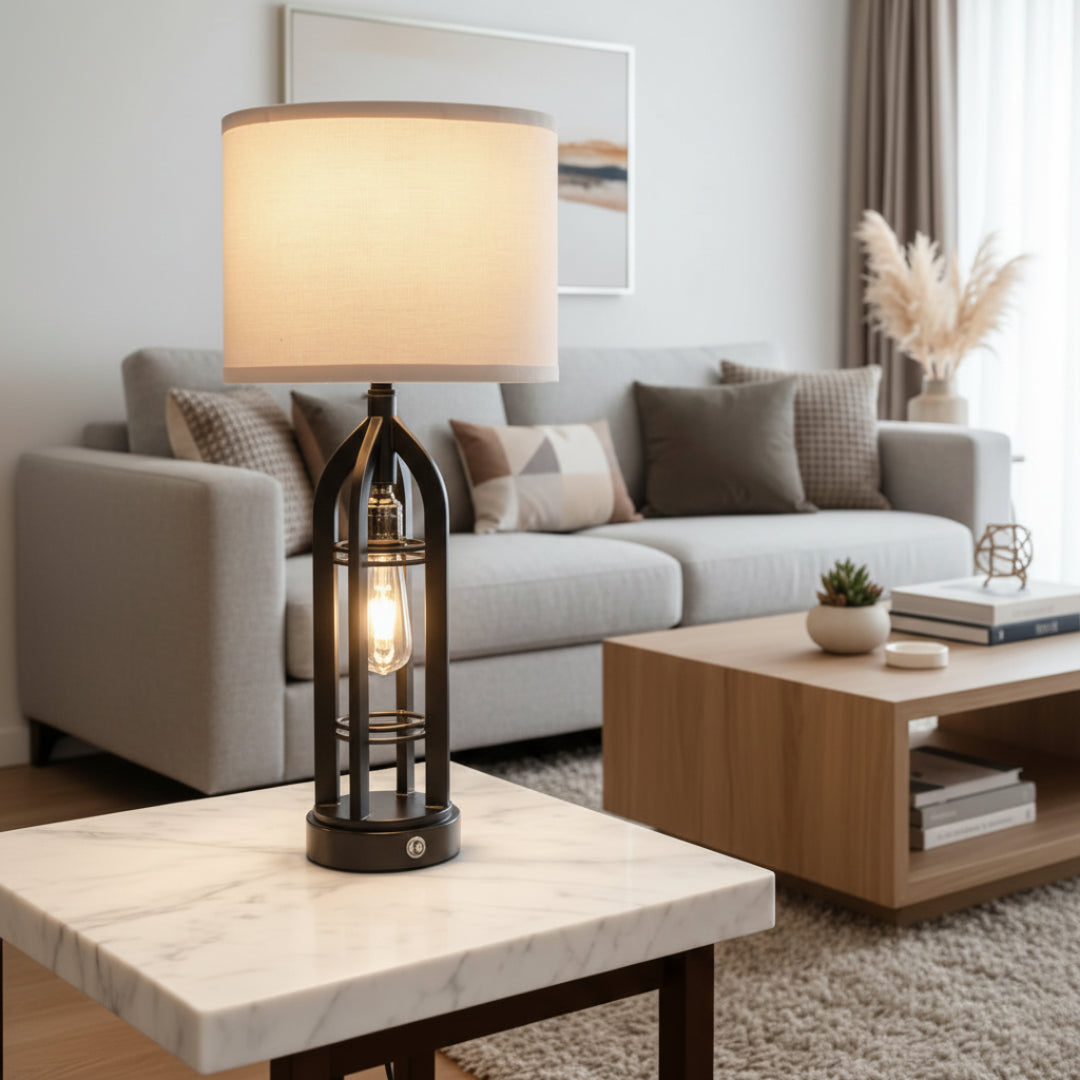 Modern Black Bedside Table Lamp with USB Port – Dimmable Touch Lamp for Bedroom & Living Room