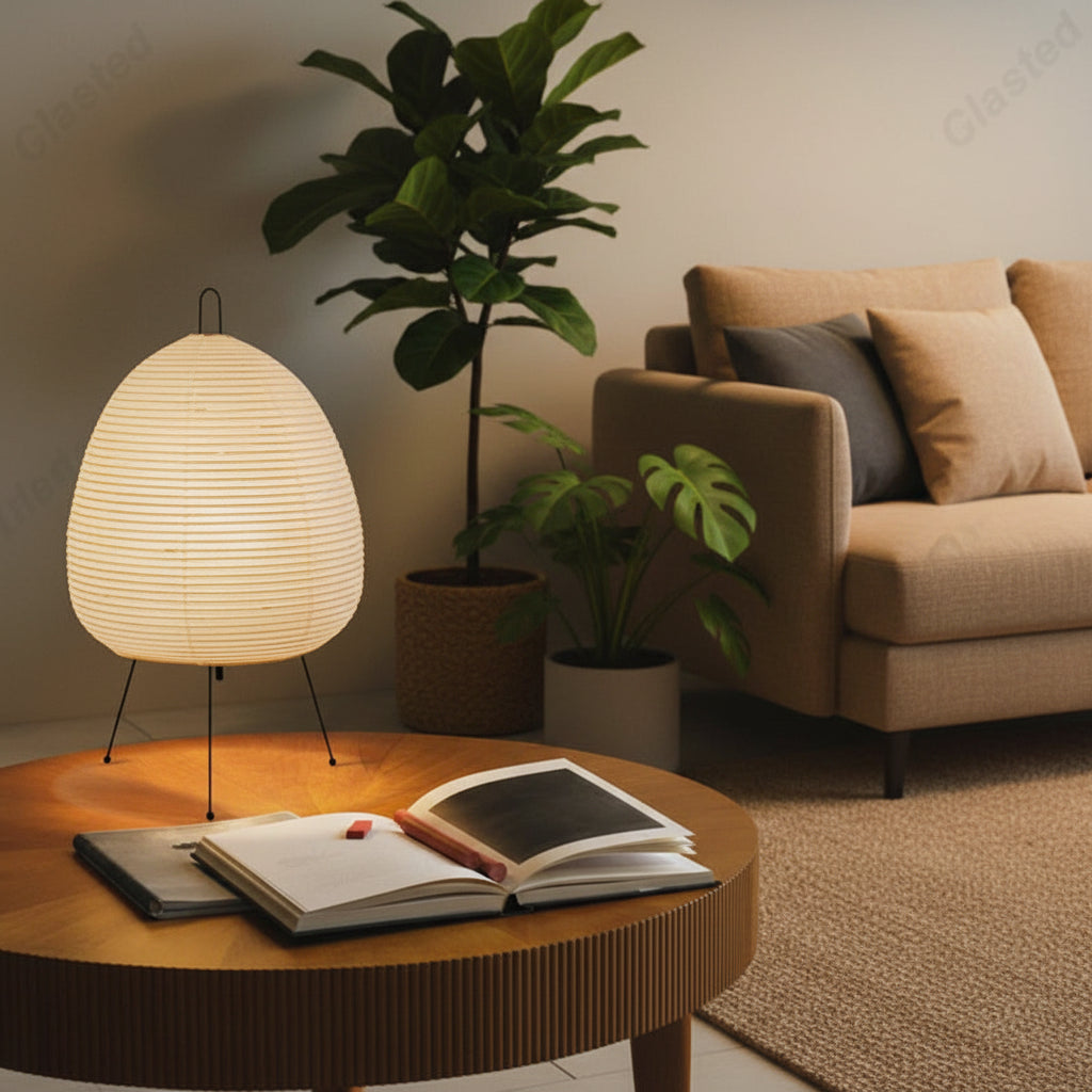 Japanese Rice Paper Table Lamp – Tripod LED Lantern for Bedroom & Living Room
