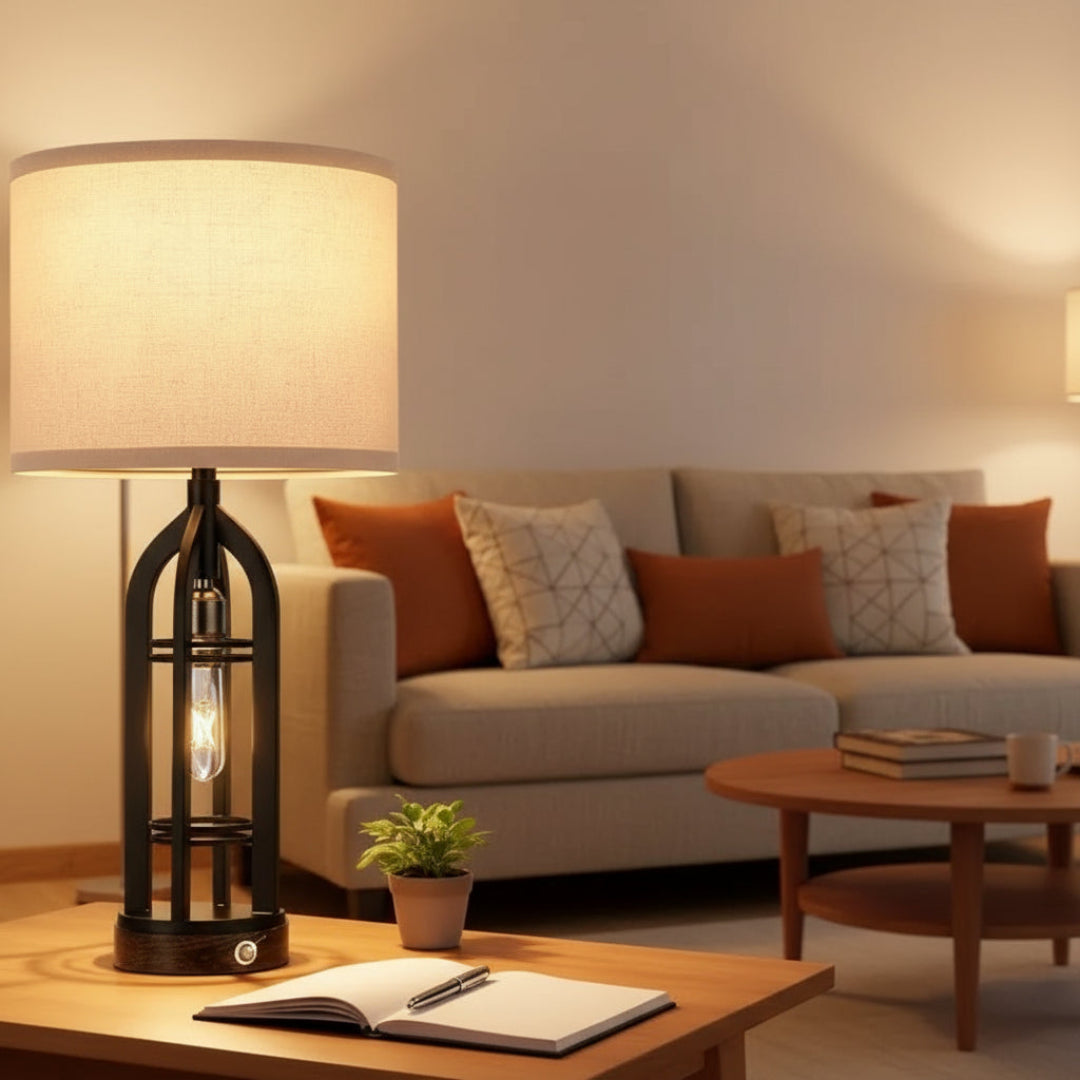 Modern Black Bedside Table Lamp with USB Port – Dimmable Touch Lamp for Bedroom & Living Room