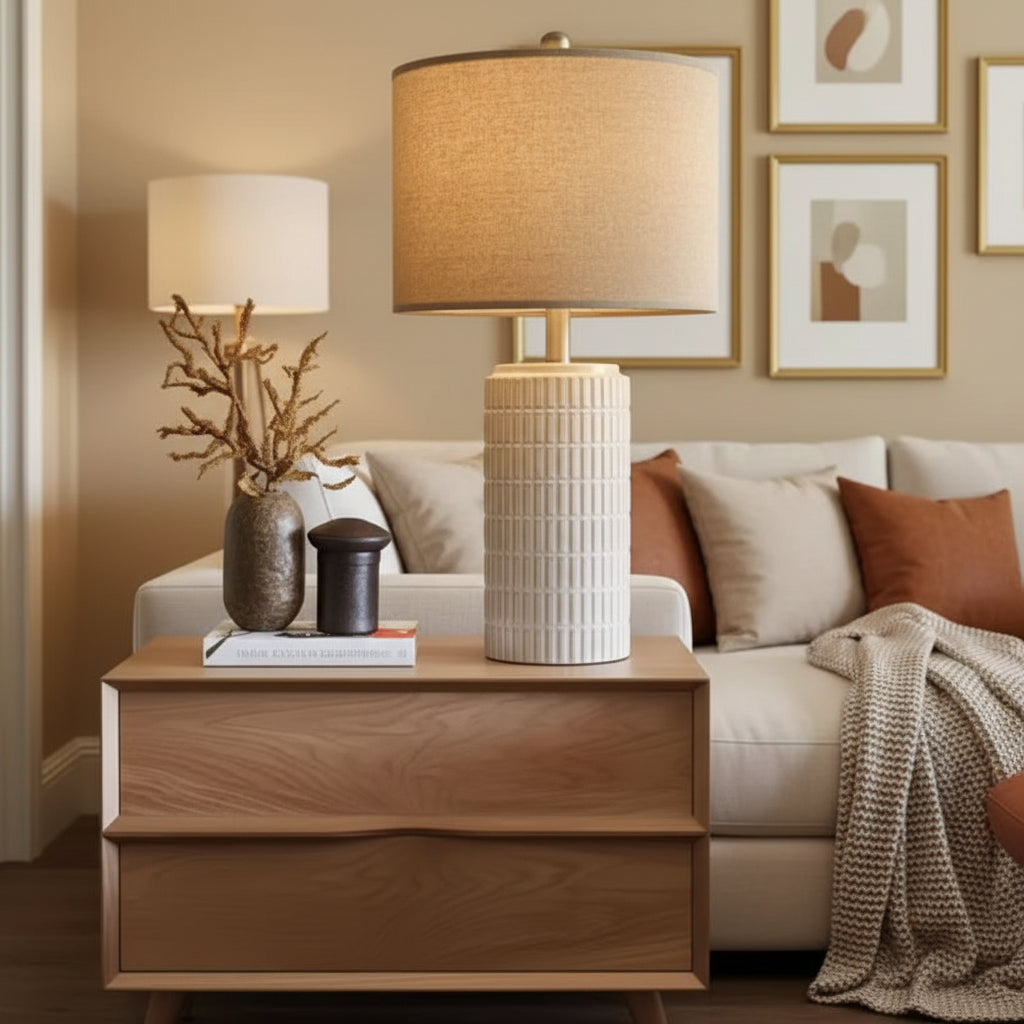 Japandi Ceramic Table Lamp – Minimalist Bedside Lamp White/Beige