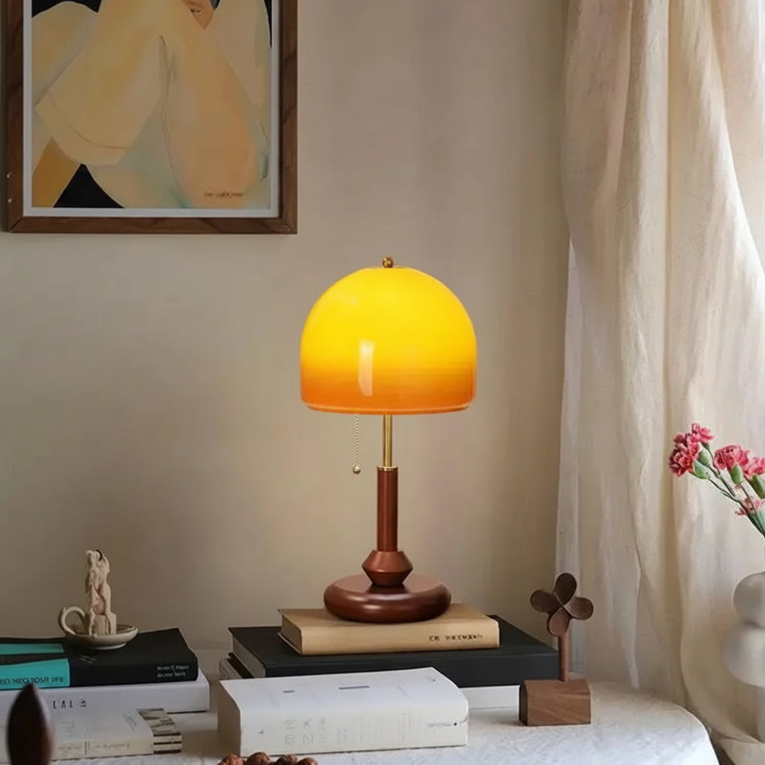 Vintage Walnut & Glass Desk Lamp – Medieval Retro Bedside & Study Table Light