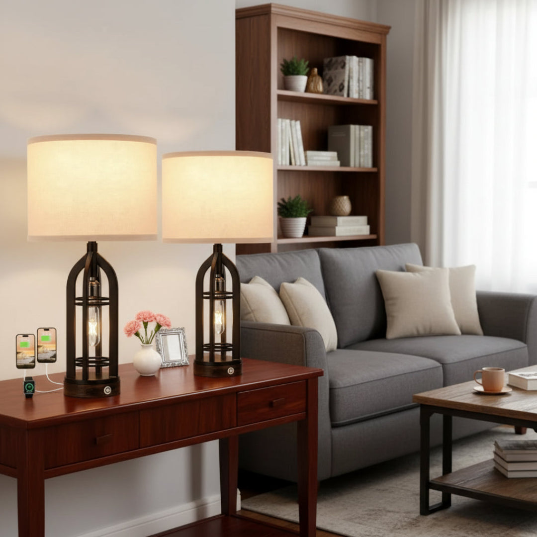Modern Black Bedside Table Lamp with USB Port – Dimmable Touch Lamp for Bedroom & Living Room