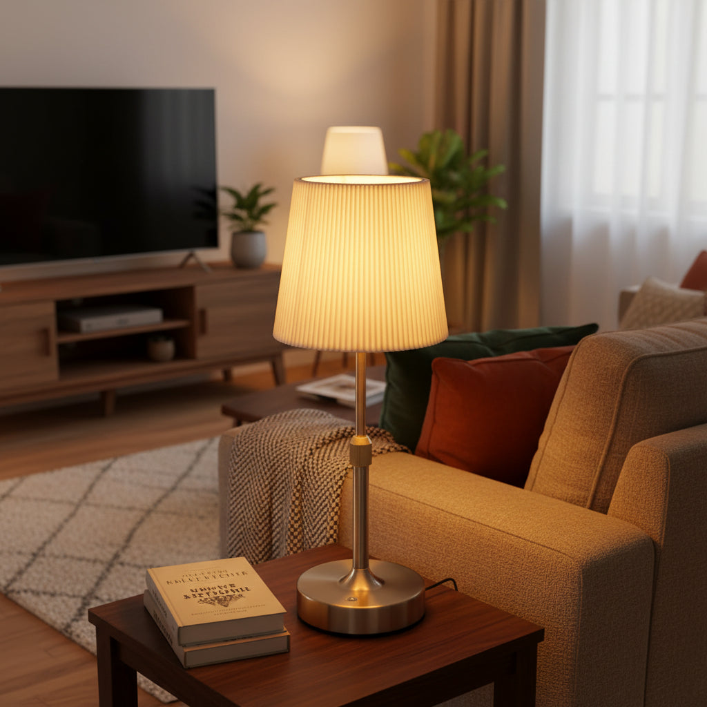 Fabric Rechargeable Touch Table Lamp – E12 Bulb Bedside Desk Light 2700K