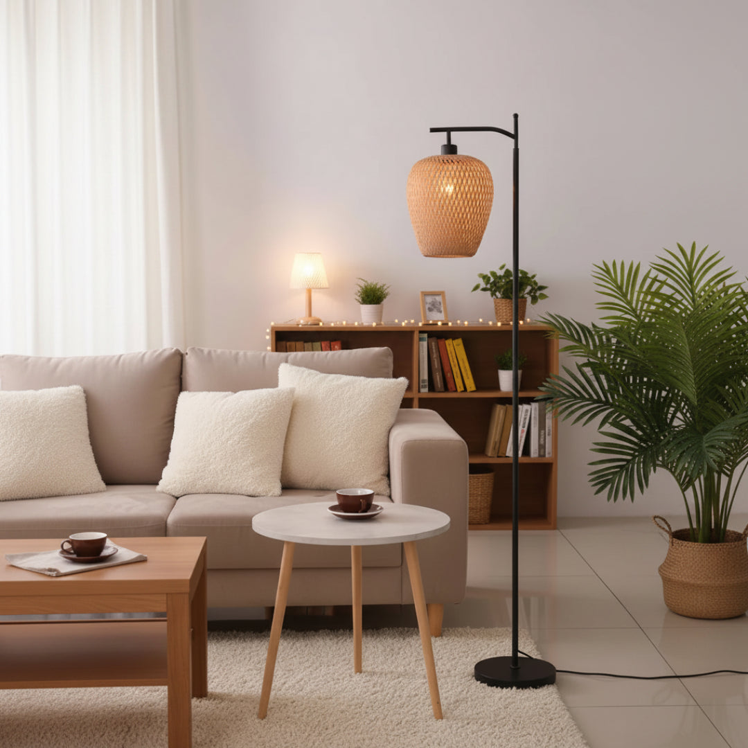 American Rattan Floor Lamp – Handmade Woven Standing Light for Living Room & Bedroom
