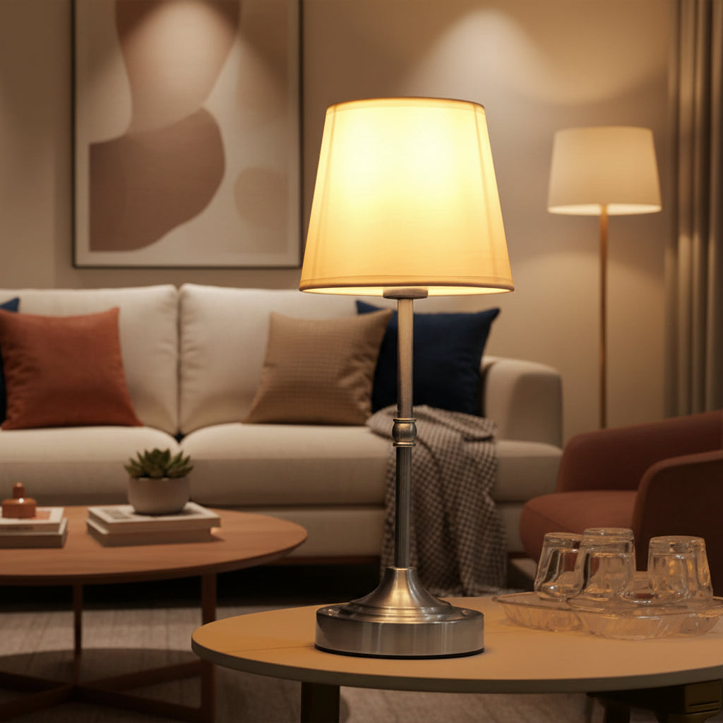 Fabric Rechargeable Touch Table Lamp – E12 Bulb Bedside Desk Light 2700K