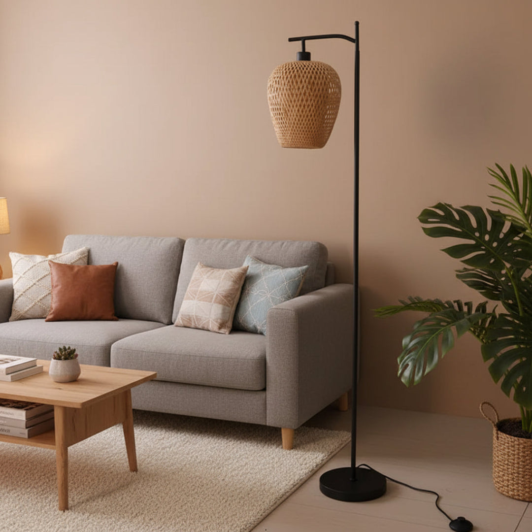 American Rattan Floor Lamp – Handmade Woven Standing Light for Living Room & Bedroom