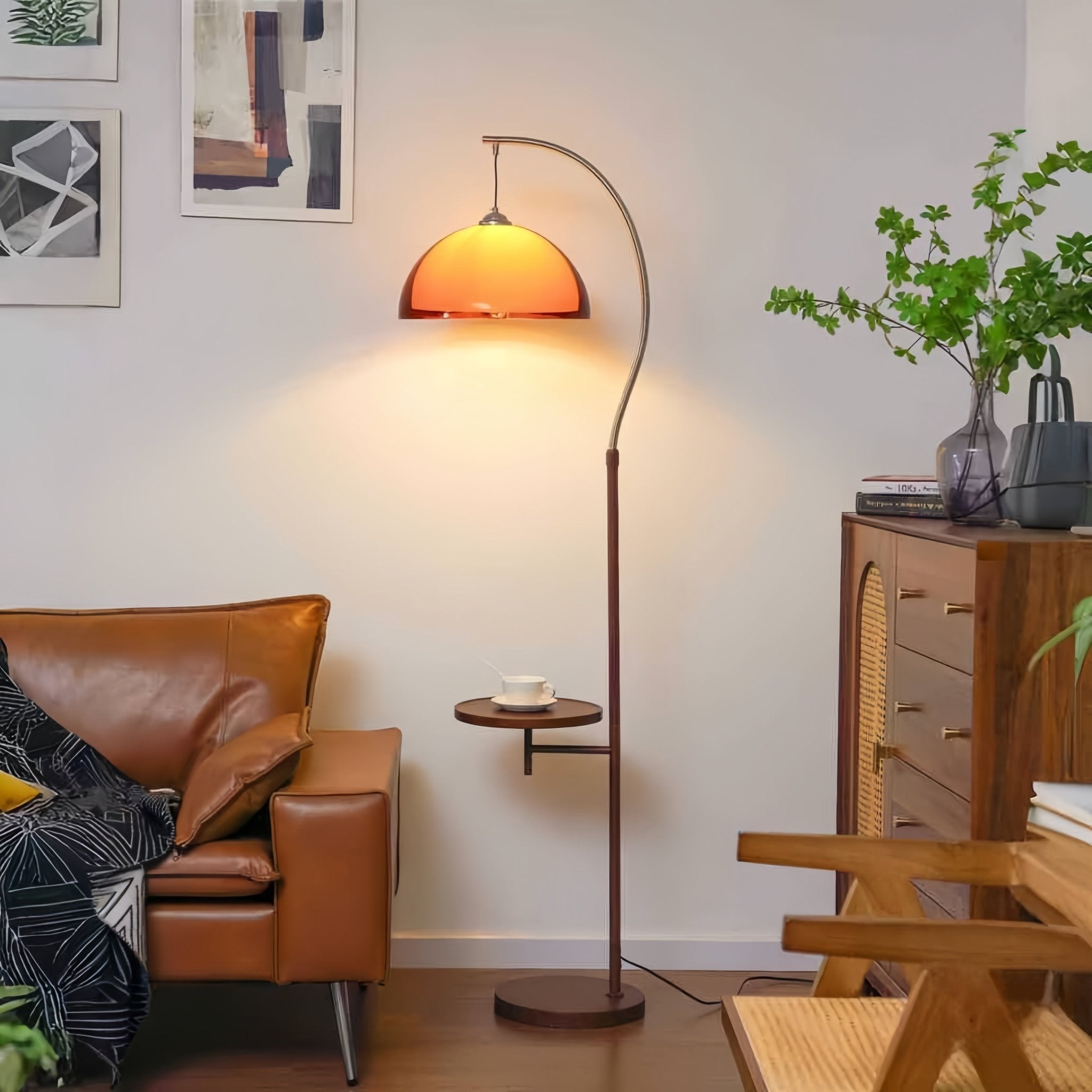 Double Shade Mushroom Arc Floor Lamp with Optional Table
